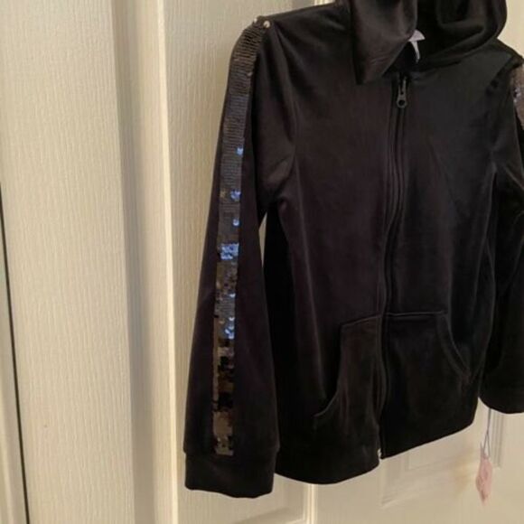 More Than Magic Black Velour Hoodie Jacket Sequin Stripe Girls Small 6-6X NWT - Picture 4 of 8